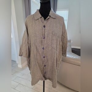 Flax Lagenlook Button Up Tunic Linen Shirt Blouse L